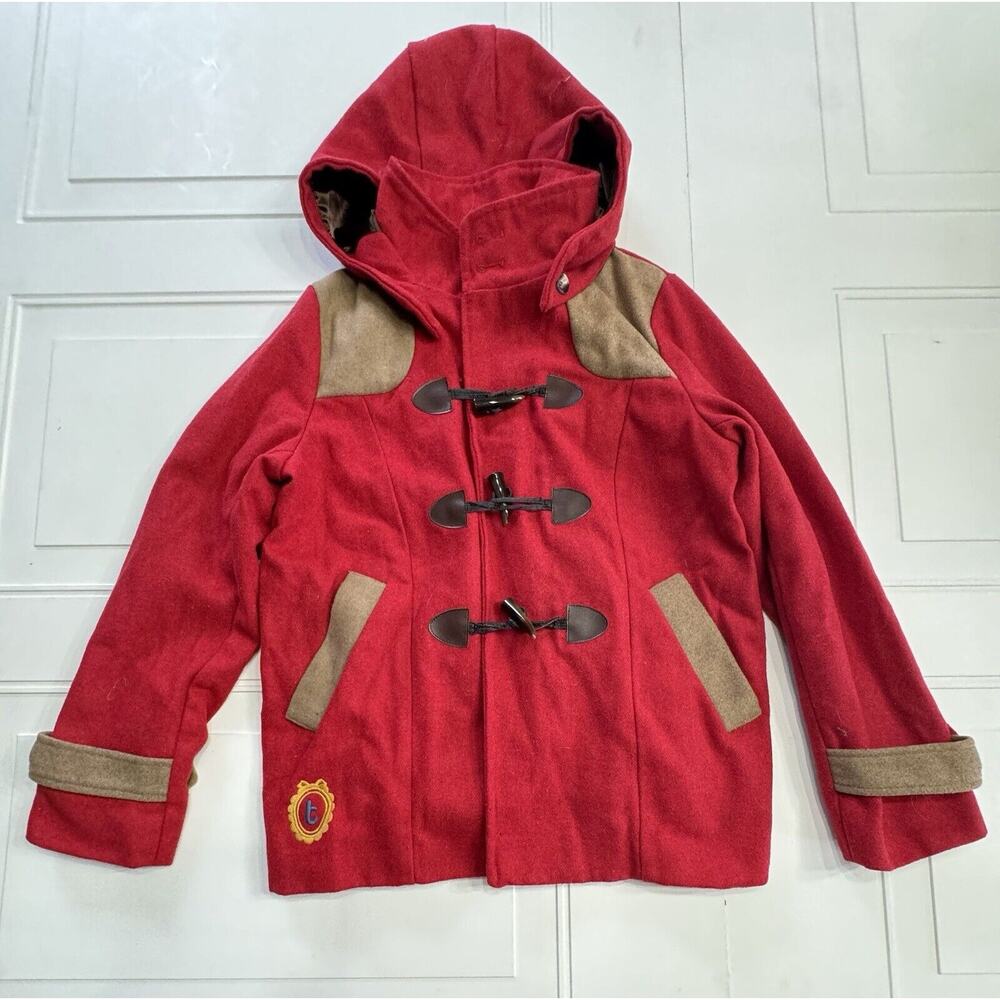 Titis Peaoat Women's Red Tan Coat Zip Hook Loop Closure Size Medium M - Picture 1 of 5